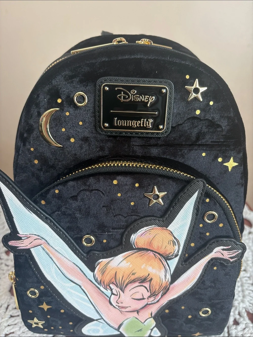 Loungefly Disney Tinker Bell Black & Gold Velvet Bag/Backpack NWT
